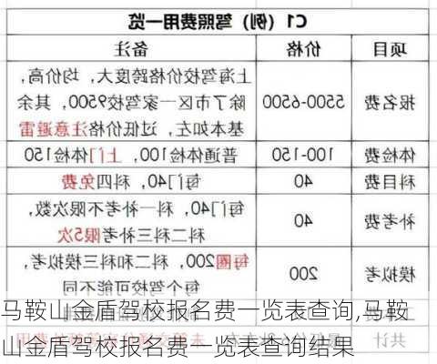 马鞍山金盾驾校报名费一览表查询,马鞍山金盾驾校报名费一览表查询结果